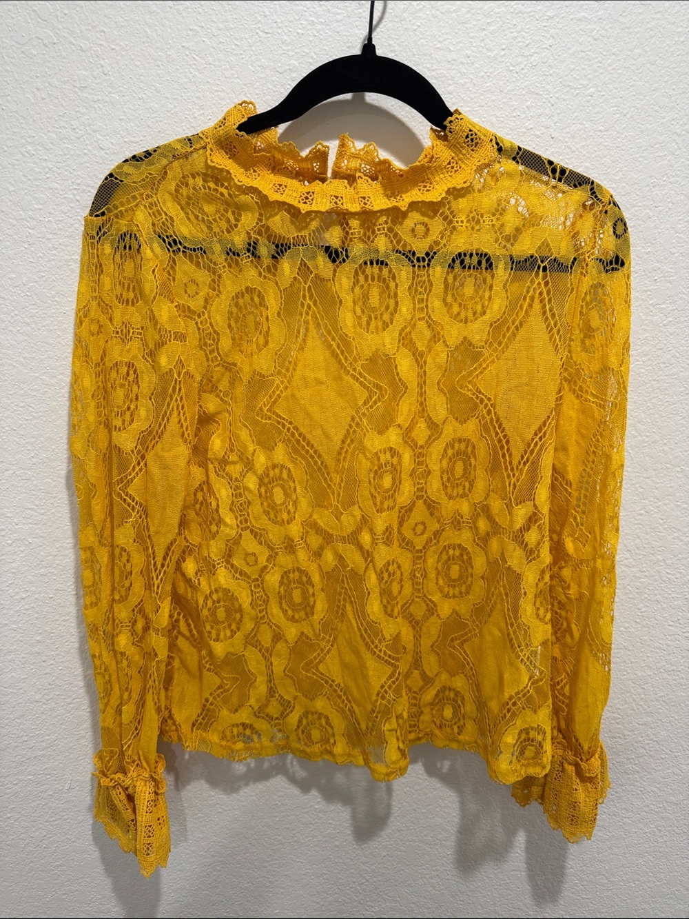 Bright Yellow Lace Long-Sleeve Blouse with Ruffled Neck